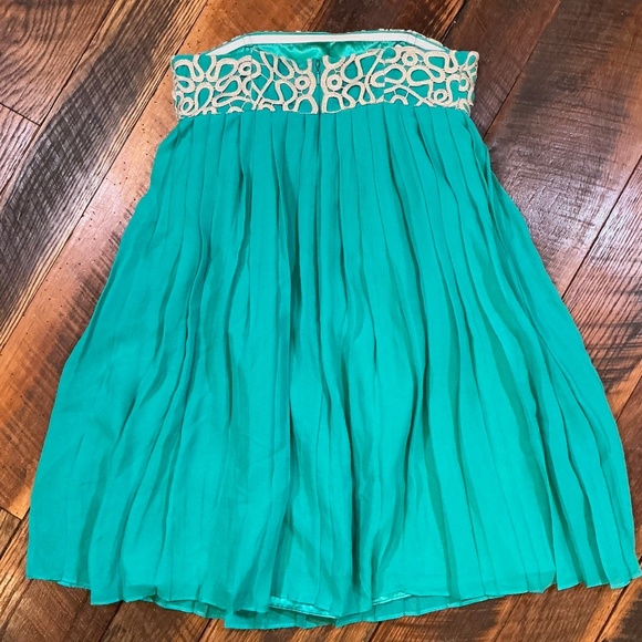 Lilly Pulitzer Jillie Strapless Silk Dress Teal Aqua Gold Beaded Bodice Size 0 - Picture 3 of 6